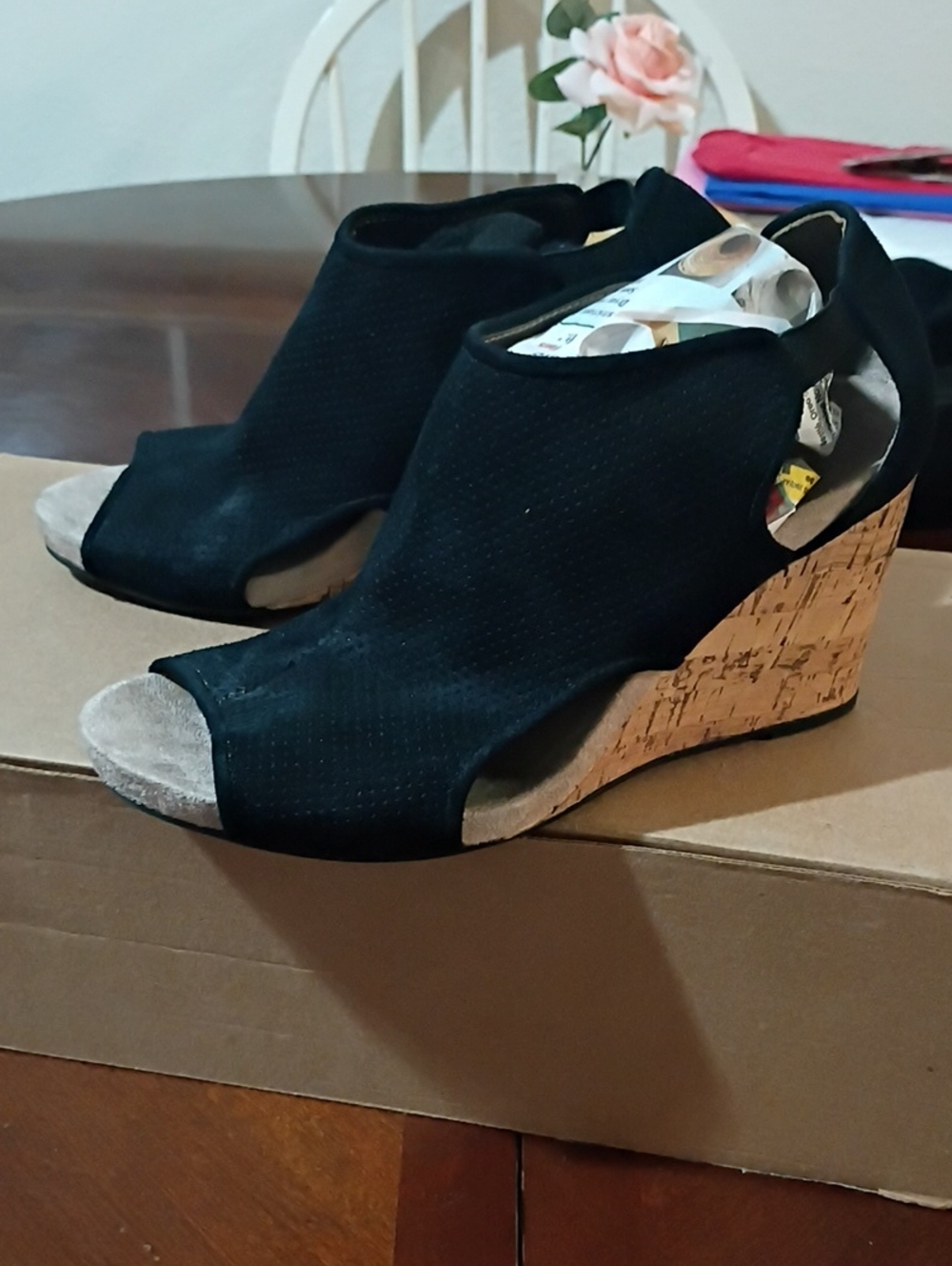 Life Stride Black Open-Peep Toe Cork Wedge Sandals